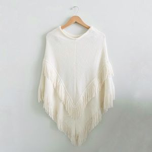 Covington Cream White Chevron Fringe Knit Poncho